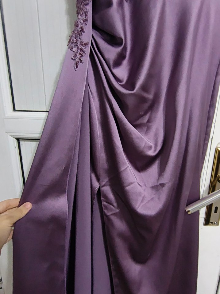 Mor Straplez Nakışlı Uzun Abiye Elbise - Görsel 5