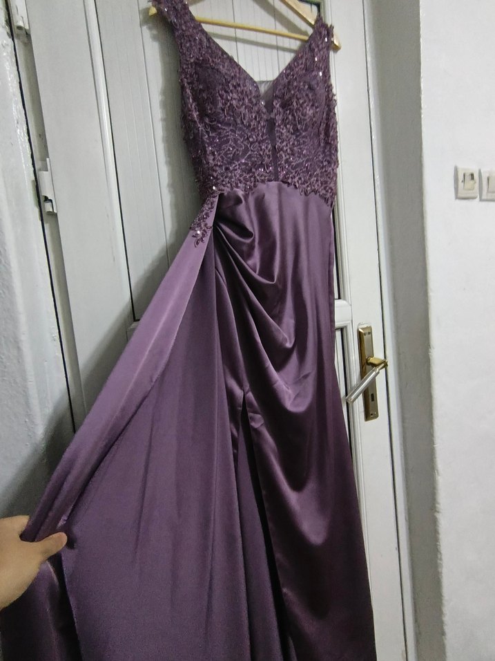 Mor Straplez Nakışlı Uzun Abiye Elbise - Görsel 4