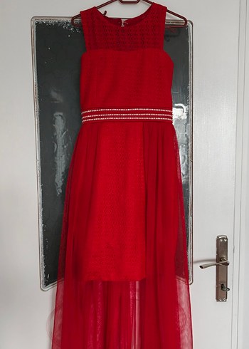 Kırmızı İşlemeli Midi Abiye Elbise - Görsel 3