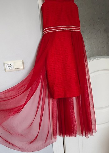 Kırmızı İşlemeli Midi Abiye Elbise - Görsel 8