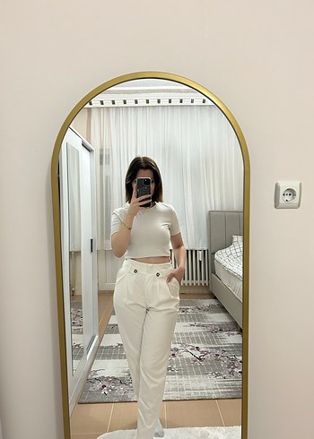 BSL FASHION Beyaz Kadın Pamuk Kumaş Pantolon