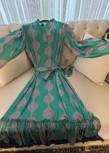 Yeşil Pembe Desenli Uzun Bohem Elbise - Görsel 5