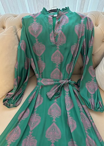 Yeşil Pembe Desenli Uzun Bohem Elbise - Görsel 3