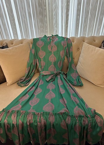 Yeşil Pembe Desenli Uzun Bohem Elbise - Görsel 2