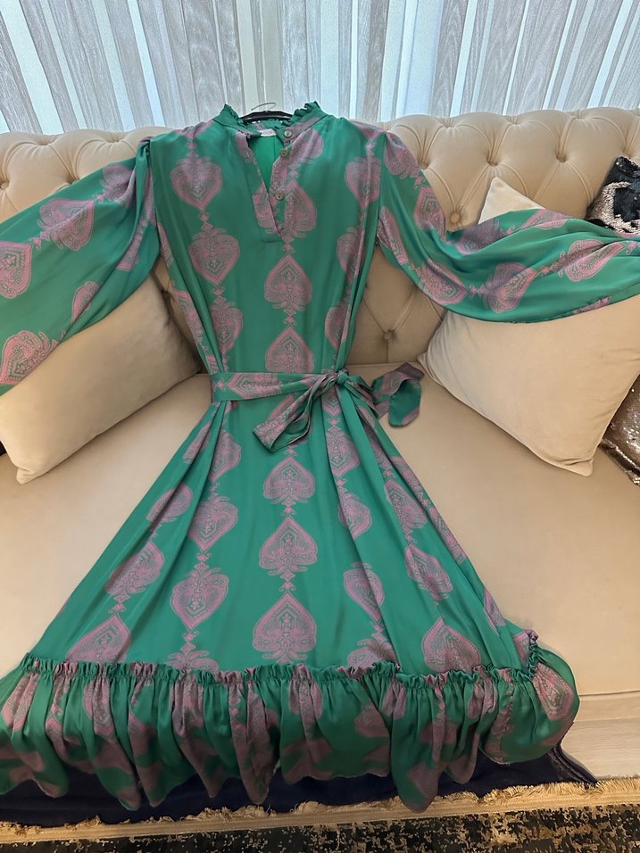 Yeşil Pembe Desenli Uzun Bohem Elbise - Görsel 5