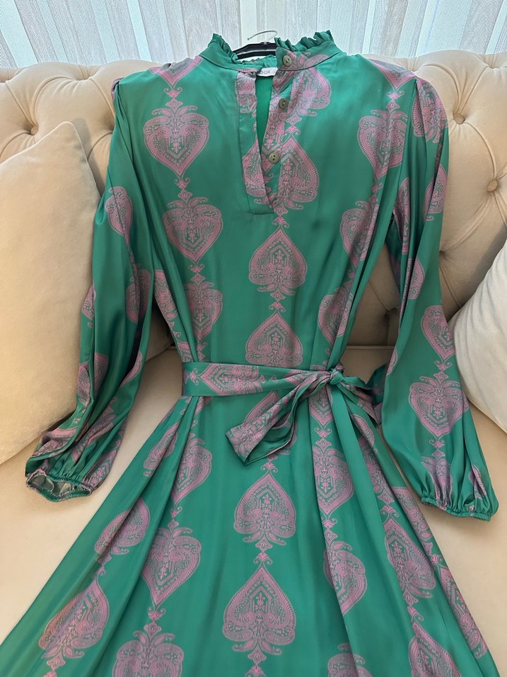 Yeşil Pembe Desenli Uzun Bohem Elbise - Görsel 3