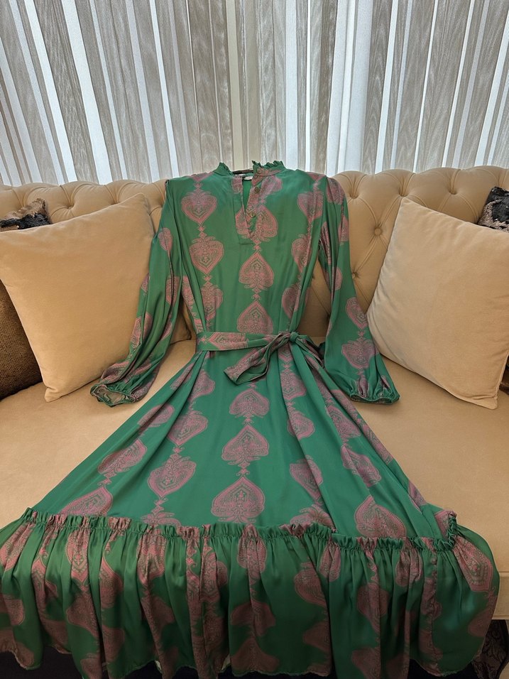 Yeşil Pembe Desenli Uzun Bohem Elbise - Görsel 2