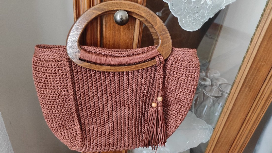 Hasır Örgü Kadın Çanta Ahşap Kulplu - Görsel 4