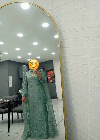 Yeşil Desenli Uzun Kollu Kadın Abiye Elbise