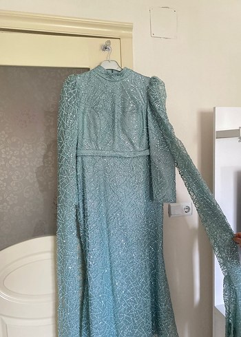 Yeşil  Desenli Uzun Kollu Kadın Abiye Elbise - Görsel 5