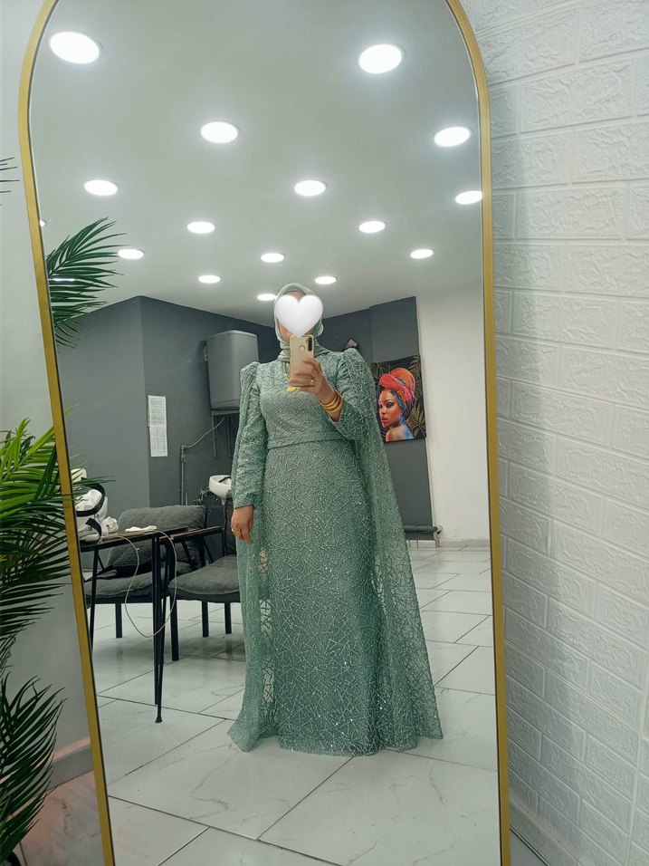 Yeşil  Desenli Uzun Kollu Kadın Abiye Elbise - Görsel 2