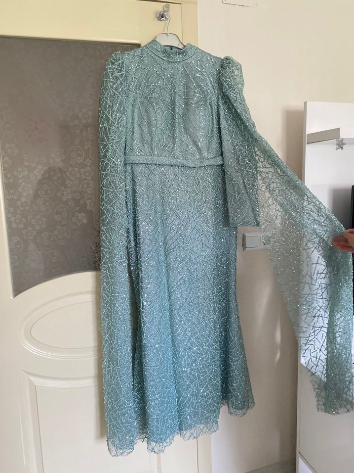 Yeşil  Desenli Uzun Kollu Kadın Abiye Elbise - Görsel 3