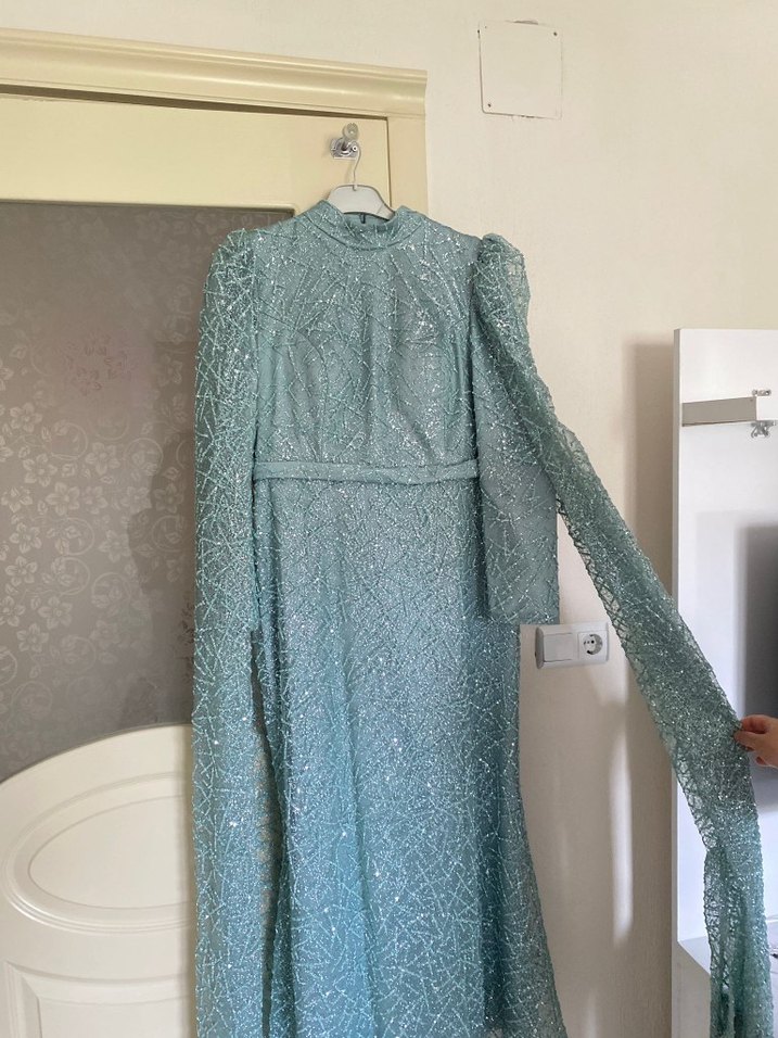 Yeşil  Desenli Uzun Kollu Kadın Abiye Elbise - Görsel 5