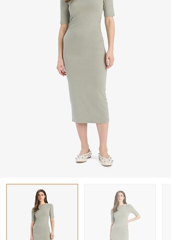 Etiketli Haki Midi Kalem Elbise, Kısa Kollu, Tek Renk