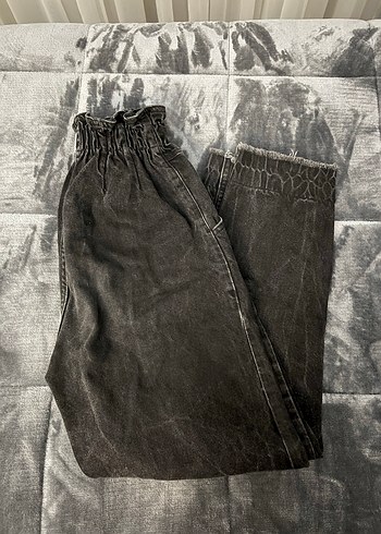 Kadın Siyah Bağlamalı Loose Fit Denim Pantolon