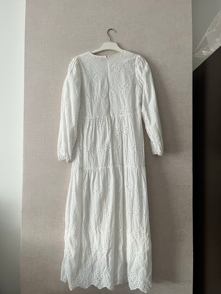 Uzun Kollu Beyaz Nakışlı Bohem Elbise - Görsel 2