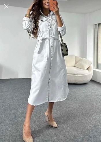 Kuşaklı Midi Denim Elbise - Görsel 2