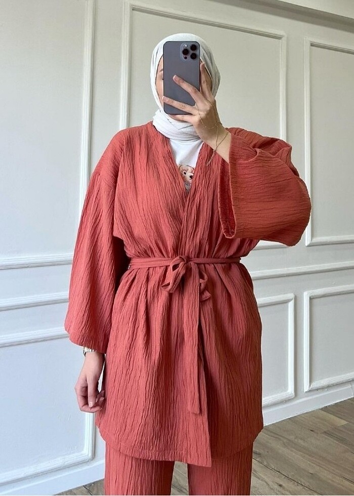 Kuşaklı krinkil takım gül kurusu renk - Görsel 2