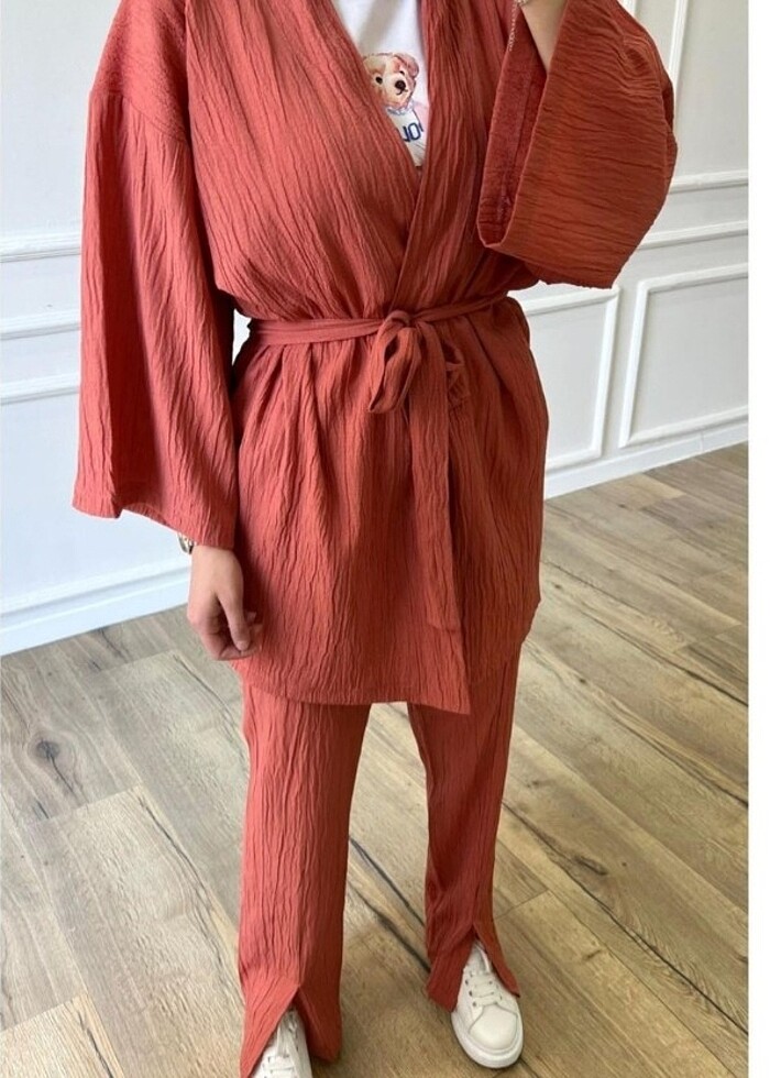 Kuşaklı krinkil takım gül kurusu renk - Görsel 3