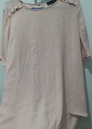 Düğmeli Kısa Kollu Pembe Pamuk Bluz - Görsel 3