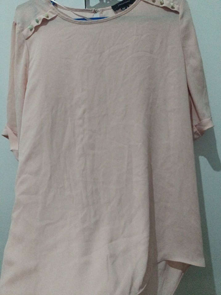 Düğmeli Kısa Kollu Pembe Pamuk Bluz - Görsel 3