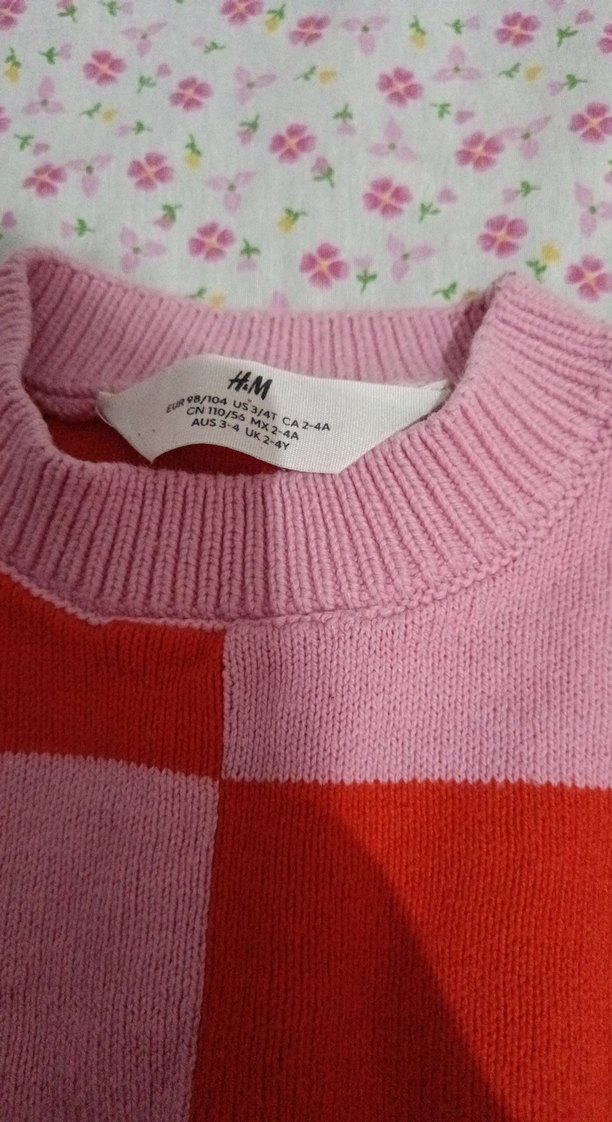 Pembe-Kırmızı Kareli Triko cocuk Kazak - Görsel 2