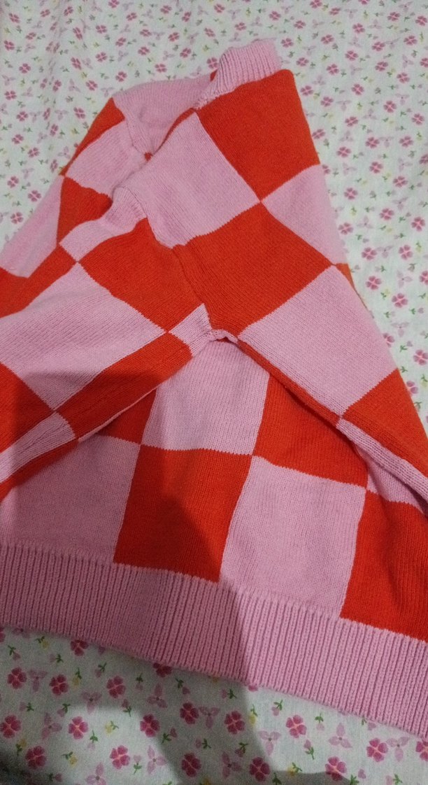 Pembe-Kırmızı Kareli Triko cocuk Kazak - Görsel 3