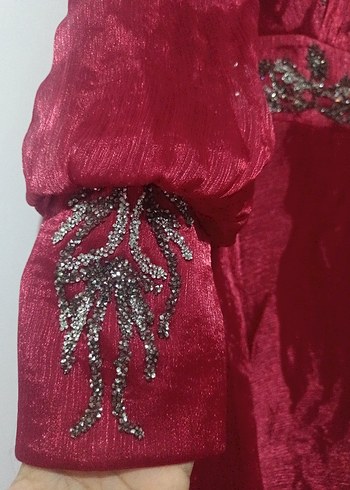 Bordo Nakışlı Uzun Kollu Abiye Elbise - Görsel 4