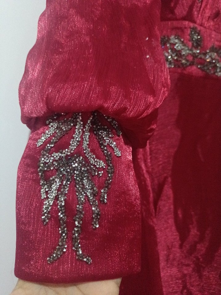 Bordo Nakışlı Uzun Kollu Abiye Elbise - Görsel 4