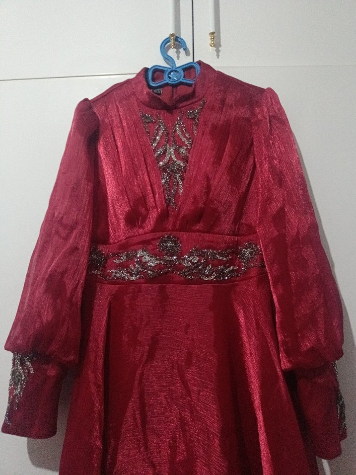 Bordo Nakışlı Uzun Kollu Abiye Elbise - Görsel 2