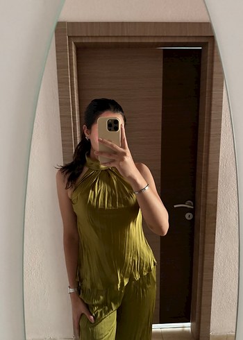 Zara Kadın yağ yeşili Saten Kolsuz Takim