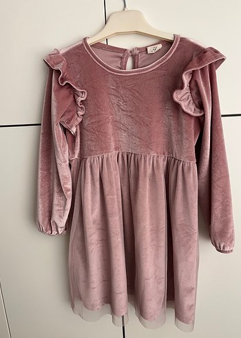 Pembe Kadife Fırfırlı Kız Elbisesi