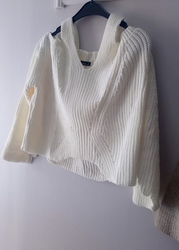 V Yaka Bej Örgü Kadın Kazak - Görsel 2