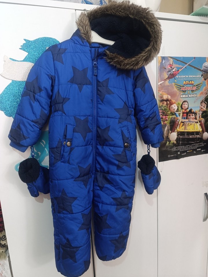 Koyu Mavi Yıldız Desenli Bebek Kar Tulumu - Görsel 2