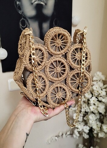 Dilvin straplez keten elbise ve hasır çanta - Görsel 12