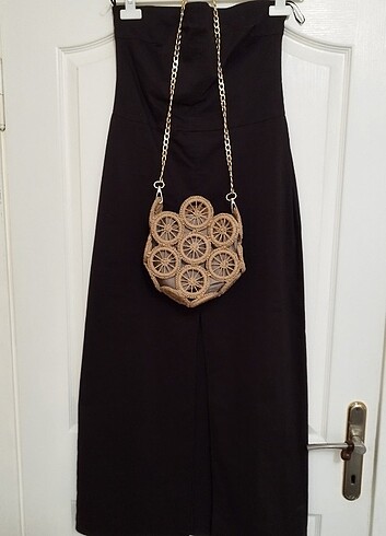 Dilvin straplez keten elbise ve hasır çanta - Görsel 13