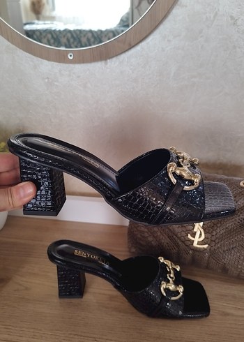 siyah gerçek deri  Parlak Deri Topuklu Terlik - Görsel 7