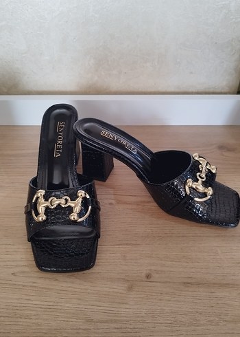 siyah gerçek deri  Parlak Deri Topuklu Terlik - Görsel 9