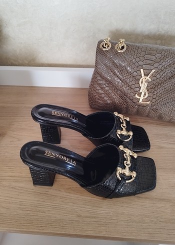 siyah gerçek deri  Parlak Deri Topuklu Terlik - Görsel 10