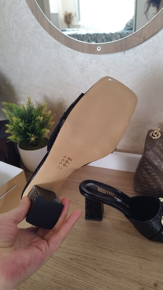 siyah gerçek deri  Parlak Deri Topuklu Terlik - Görsel 5