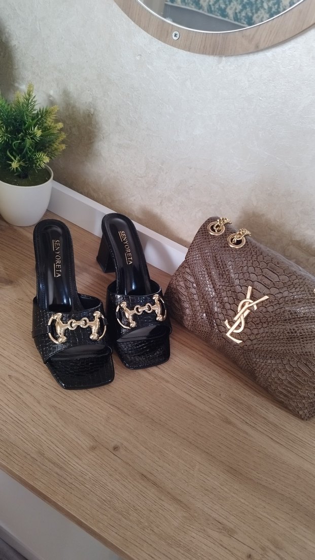 siyah gerçek deri  Parlak Deri Topuklu Terlik - Görsel 3