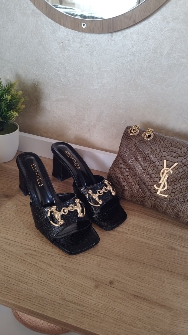 siyah gerçek deri  Parlak Deri Topuklu Terlik - Görsel 4