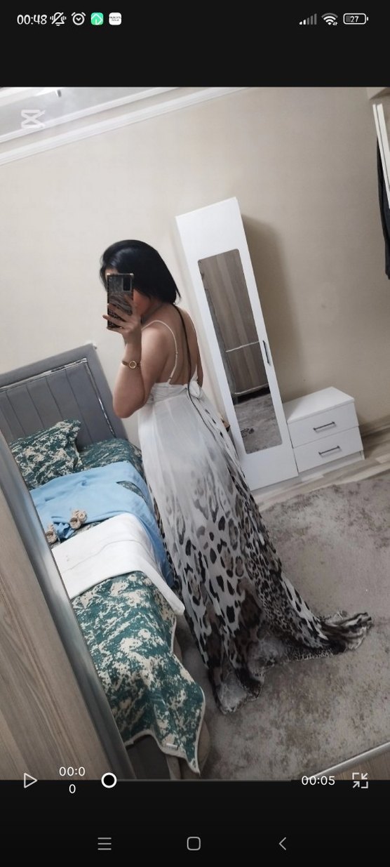 Bohem Beyaz Gri Uzun Askıli leopar detay  Elbise - Görsel 4