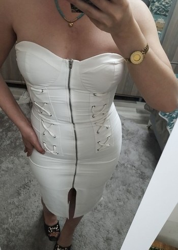 Beyaz Straplez Uzun Kalem Elbise - Görsel 4