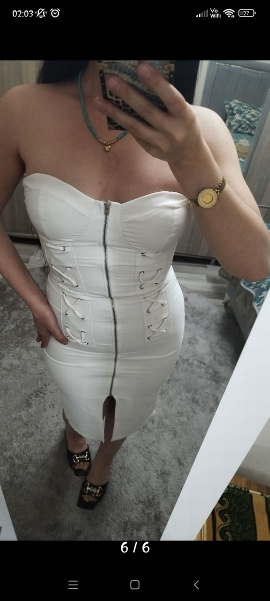 Beyaz Straplez Uzun Kalem Elbise - Görsel 4