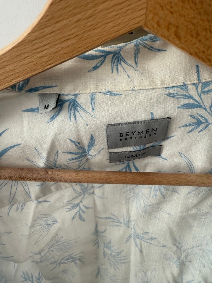 Erkek Beyaz Mavi Desenli Keten Gömlek - Görsel 3