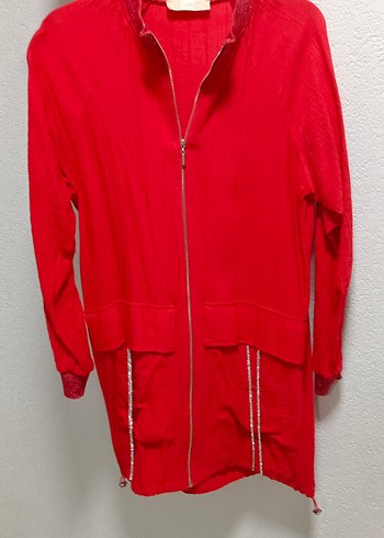 Uzun Kollu Kırmızı Fermuarlı Kadın Ceket - Görsel 2