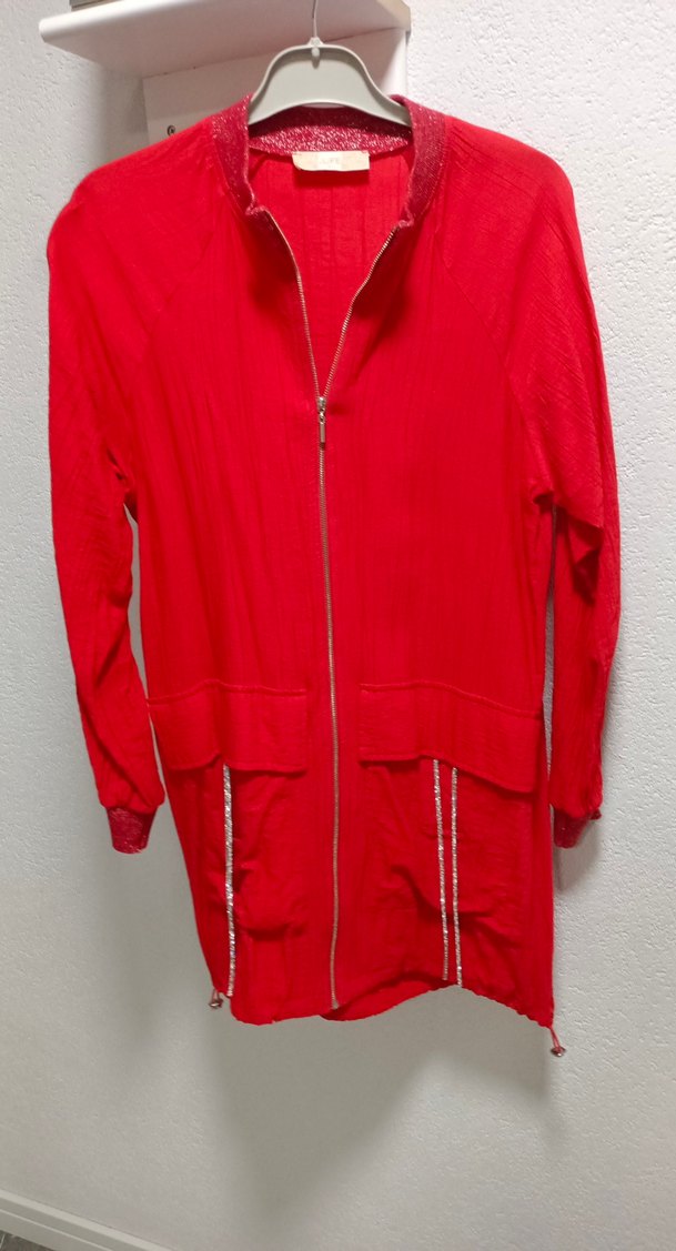 Uzun Kollu Kırmızı Fermuarlı Kadın Ceket - Görsel 2