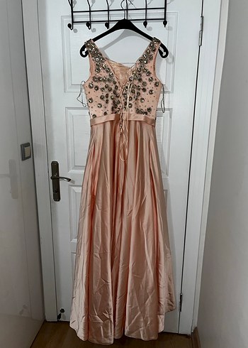 Toz pembe  Nakışlı Uzun V Yaka Abiye Elbise - Görsel 3