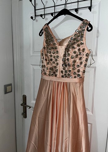 Toz pembe  Nakışlı Uzun V Yaka Abiye Elbise - Görsel 2